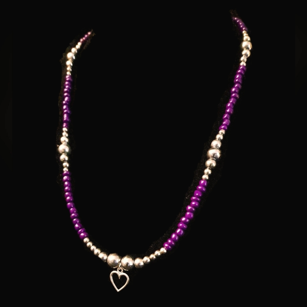 Purple and Silver handmade beadded heart pendent necklace 💜